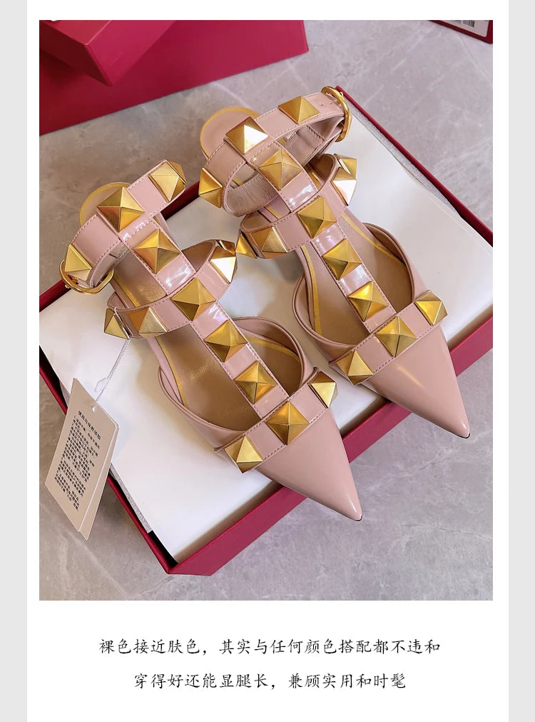 Women's Fashion Rivet High Heels 2023 Spring/Summer New Baotou Sandals Pointed Single Shoes