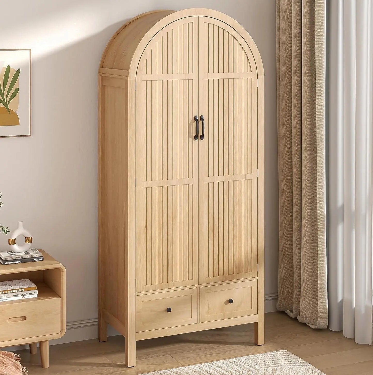 70.87'' Wood Armoire w/2 Arched Fluted Doors, Drawers & Shelves, Hanging Rod for Bedroom (Wood Color)