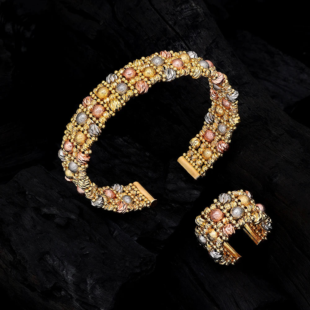 Luxury Cuff Bangles and Ring Set Gold Color Beads Arabic Dubai Wedding Bridal Jewelry Set Women Party 2 pcs Hand Jewelry