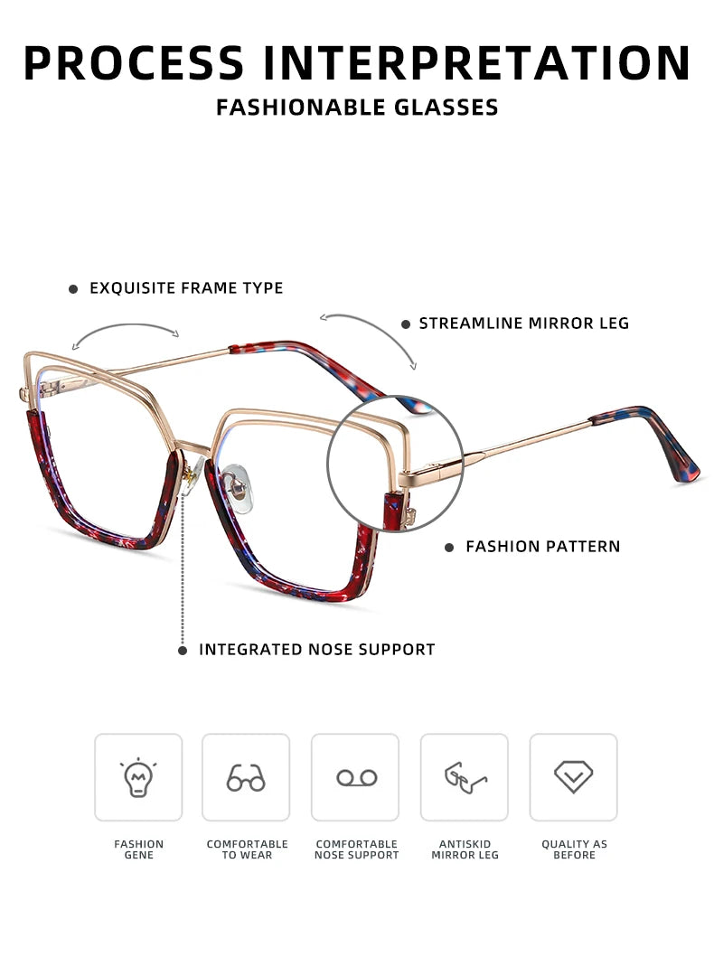 VICKY Fashion Geometric Square Large Frame Personalized Design Women's Anti-Blue Light Reading Glasses Customizable Prescription