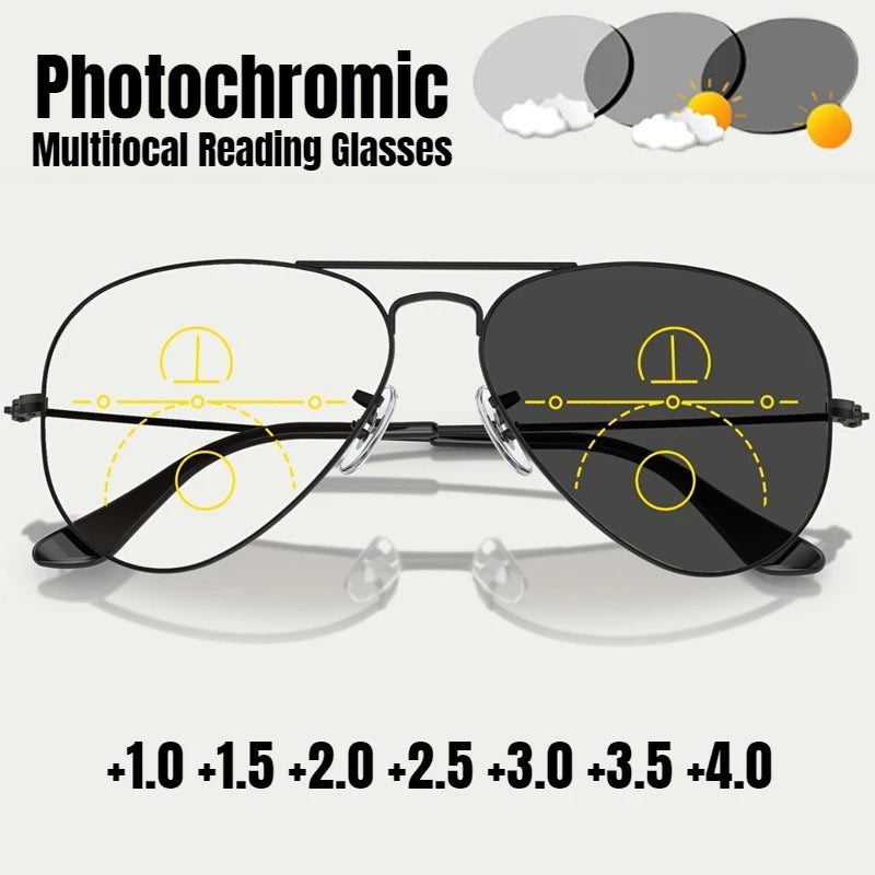 Intelligent Photochromic Reading Glasses for Men Quality Classic Finished Progressive Multifocal Near Far Sight Sunglasses