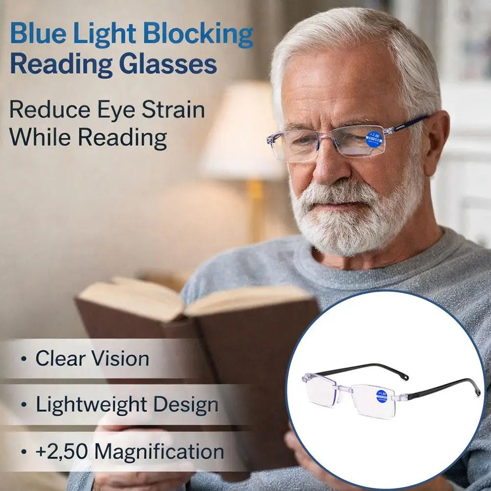 1 Pair New Men Women Rimless Reading Glasses Anti Blue Light Bifocal Far Near Magnification Eyewear Presbyopic Glasses +150 +200