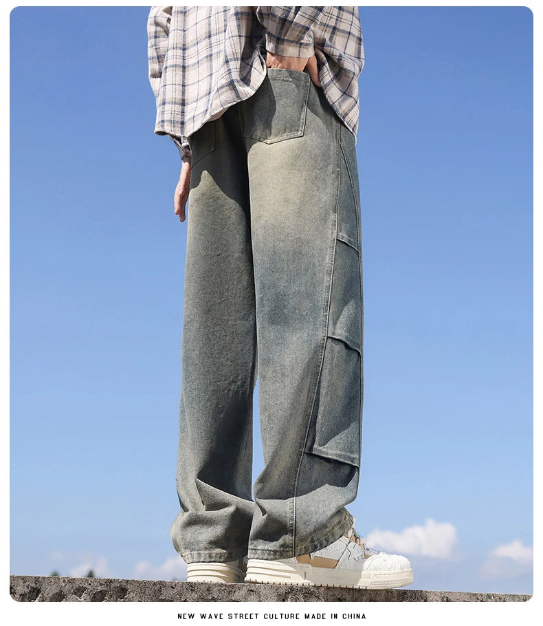 Jeans men's American high street vintage washed crease splicing men's spring and fall models loose straight pants