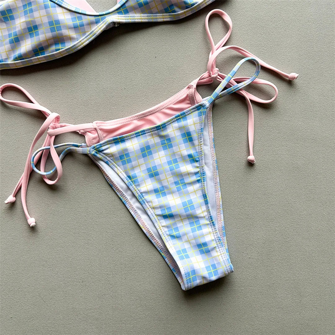 Sexy Polka Dot Plaid Halter Bikini Female Swimsuit Women Swimwear Two-Pieces Bikini Set Splicing Bather Bathing Suit Swim V8027
