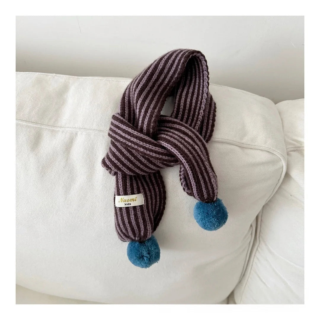 Warm Winter Neck Warmer 2025 Kids Striped Knitted Scarf with Cute Pom Poms Soft Fashion Accessory for Baby Toddler Boys Girls