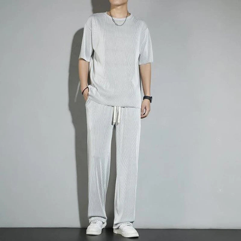 New Ice Silk Sports Set Men's Summer Thin Tracksuit Men 2024 Casual Long Pants Short Sleeve T-shirt Quick Drying Clothes Sets