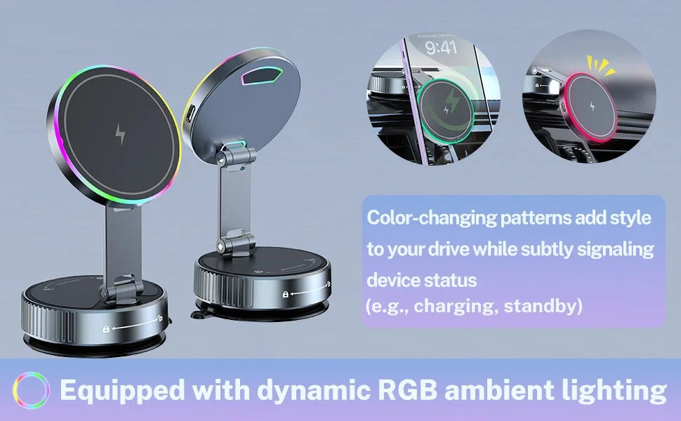 Cooling Wireless Charger Car Phone Holder with Breathing RGB Light Magnetic Suction Cellphone Bracket for iPhone 12-17 Pro Max
