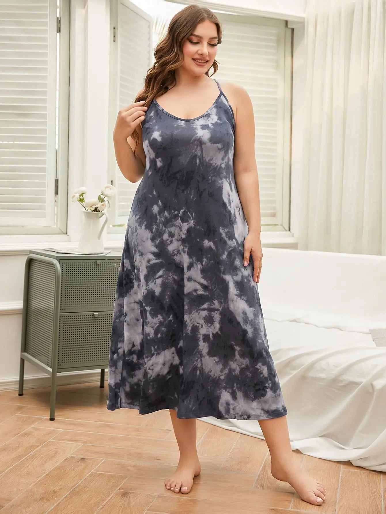 Sleeveless Screw Neck Women Nightgown Plus Size Tie Dye Sleepdress Summer Nightwear Cross Back Like Leisure Homewear Clothes