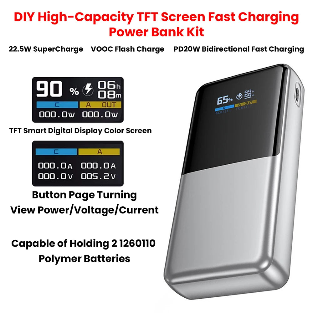 22.5W Fast Charging Module Power Bank DIY Kit TFT Color Screen LCD Display 3.7V Ternary Lithium Battery Supports PD/QC/SCP/VOOC