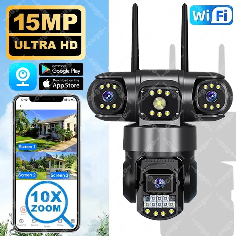 15MP Wifi Security Monitor Cameras PTZ Outdoor Waterproof Three Lens Three Screens Camera 10X Zoom Human Detection Wireless Cam