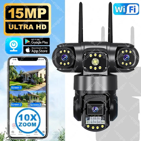 15MP Wifi Security Monitor Cameras PTZ Outdoor Waterproof Three Lens Three Screens Camera 10X Zoom Human Detection Wireless Cam