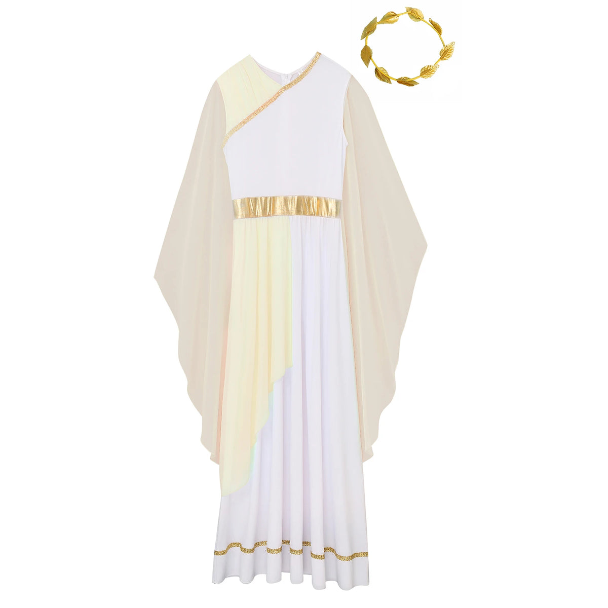 Womens Halloween Greek Beauty Carnival Cosplay Party Costumes Gold Leaves Garland Headwear And Cap Sleeve Ancient Toga Dress