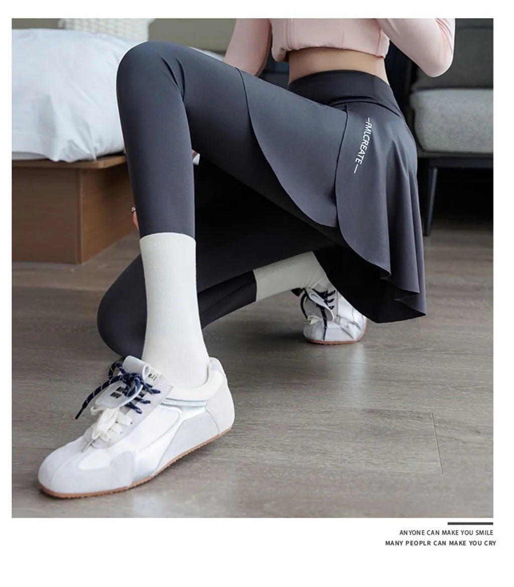 Women's two-in-one golf skirt leggings, high-waisted abdominal control tennis shorts with pockets, fitness running yoga pants