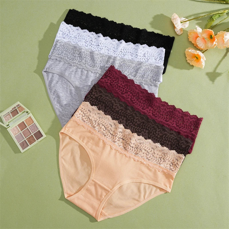 FINETOO 2Pcs Women Cotton Seamless Underwear Sexy Lace Waist Patchwork Panties Female Solid Briefs Plus size Breathable Lingerie