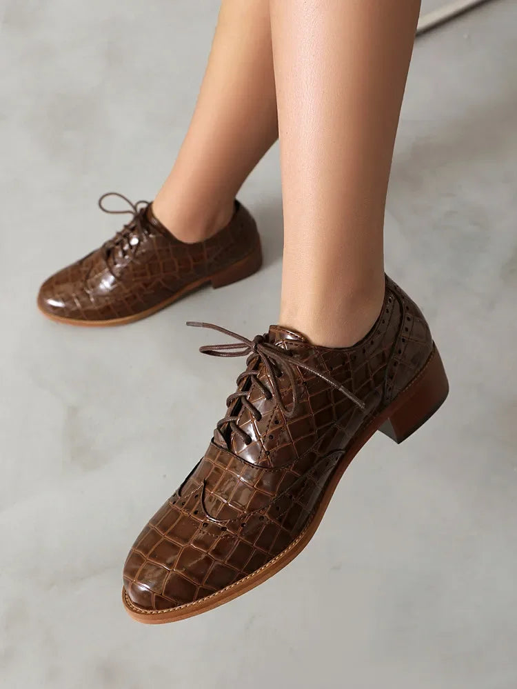 2025 Women Shoes Spring New Fashion Round Toe Lace Up Retro Single Shoe for Office Party Walk Thick Low Heeled big Size 48 775-1