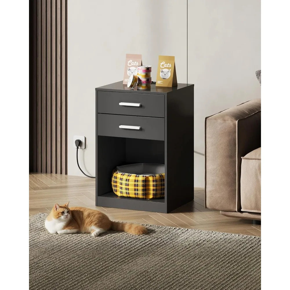 Nightstand Set of 2 with Charging Station,Wood Night Stand Sets with2 Drawers and Open Shelf,Bed Side Tables Bedroom,Living Room