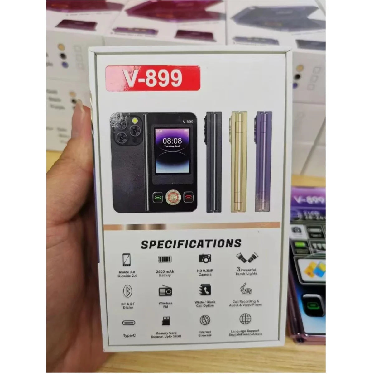 V-899 Bluetooth Folding 2G Cellphone 2.8``2.4``Dual Screen Display MTK6261A 32MB RAM 64MB ROM Dual SIM 3.0MP Type-C Torch Phone
