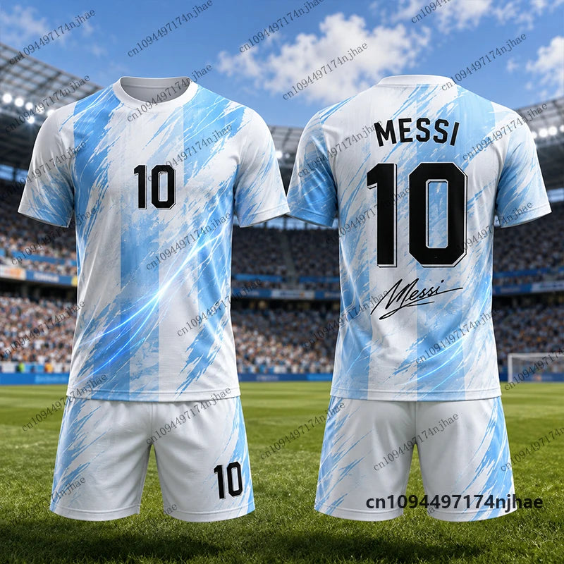 Children‘s Tracksuit Argentina Fans Messi No.10 Print T-Shirt+Shorts Sets Football Jersey Suit Sports Kids/Adult 2 Piece Outfits