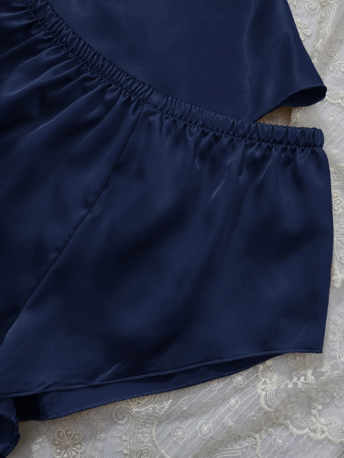 Solid Satin Pajama Set  V Neck Cami Top   Elastic Waistband Shorts Women's Sleepwear  Loungewear