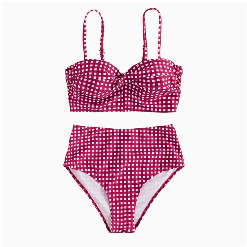 2025 New Two-piece Bikini Set Women Plaid Swimsuit Sling Backless Swimwear Tight Gathered Beachwear Brazilian Bathing Suit