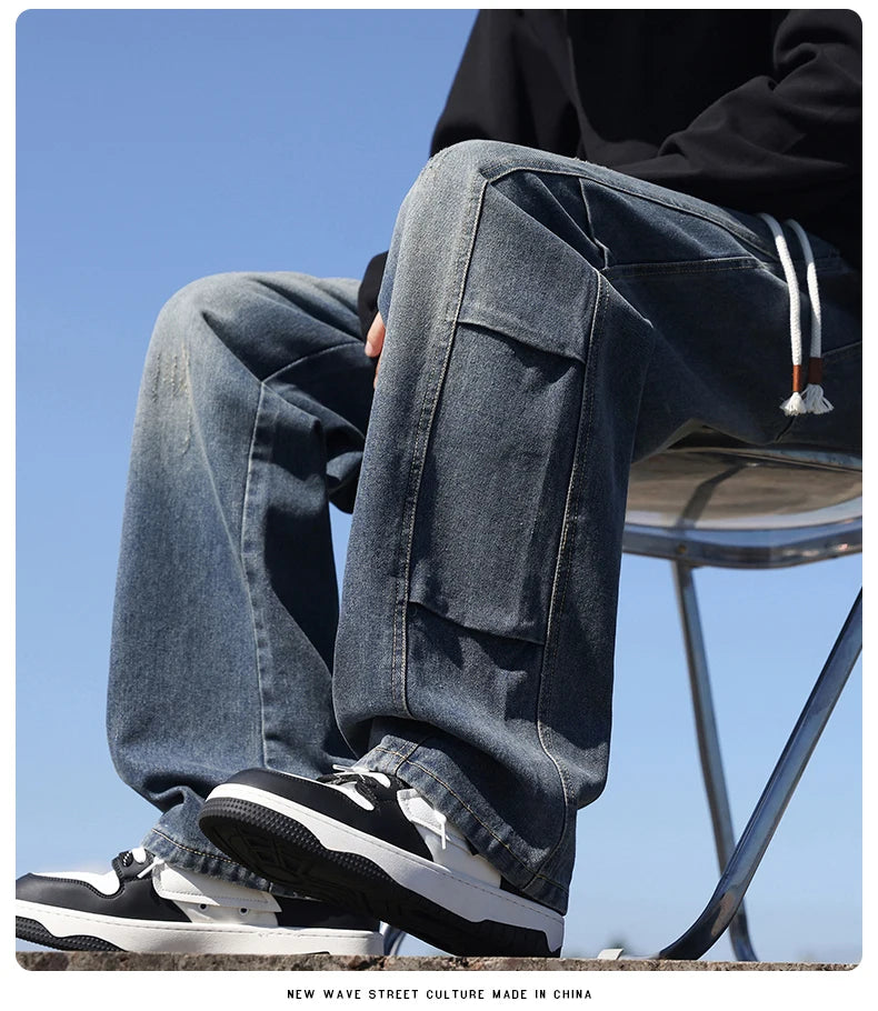 Jeans men's American high street vintage washed crease splicing men's spring and fall models loose straight pants