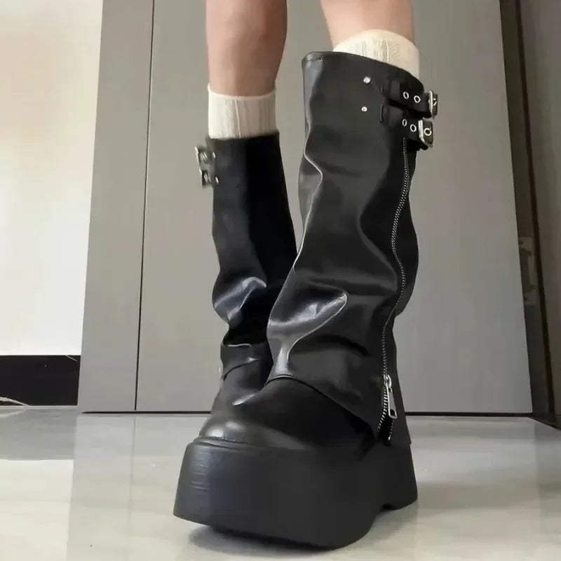 Ladies Shoes  2025 Platform Modern Women's Boots Side Zip Round Toe Belt Buckle Knee-High Boots Classics Versatile Shoes