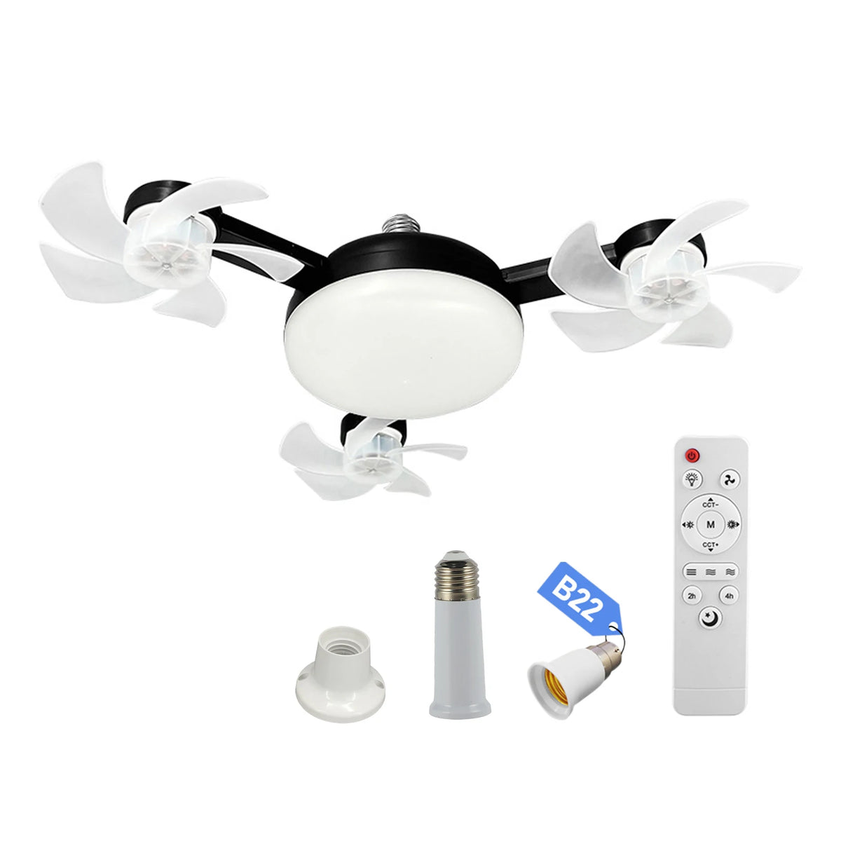 E27 Dimmable LED Socket Drone Fan Light with RC & Extension Rod 2 In 1 Hanging Fans 3-Speed for Bedroom Kitchen Working Space