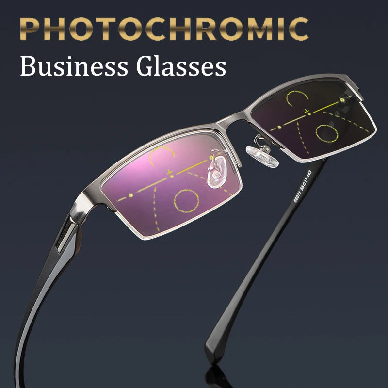 2022 Transition Photochromic Multifocal Reading Glasses Men's Smart Progressive Anti Blue Ray Half-Frame Hyperopia Eyewear +2.5