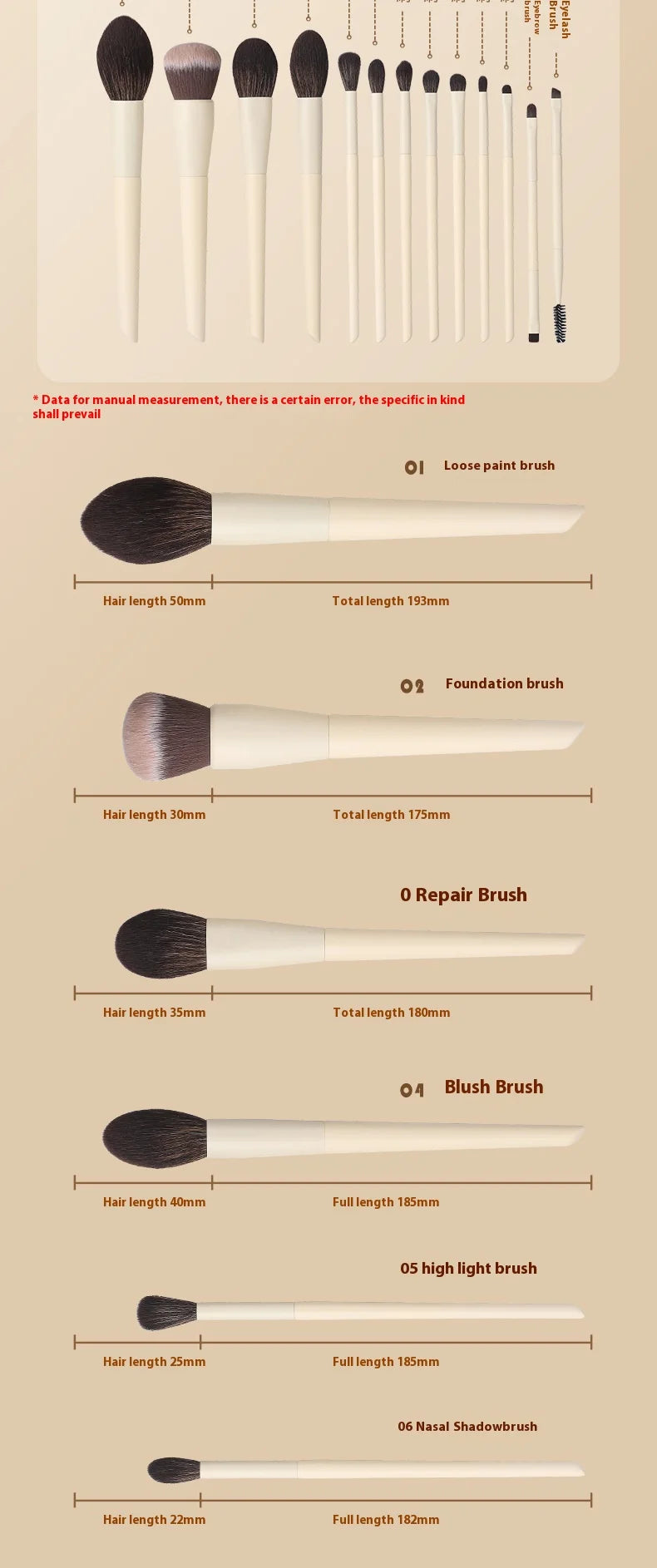 13pcs Synthetic Fiber Makeup Brush Set: Foundation Brush, Eyeshadow Brush, Highlight Brush, Eyebrow Brush, Eyelash Brush