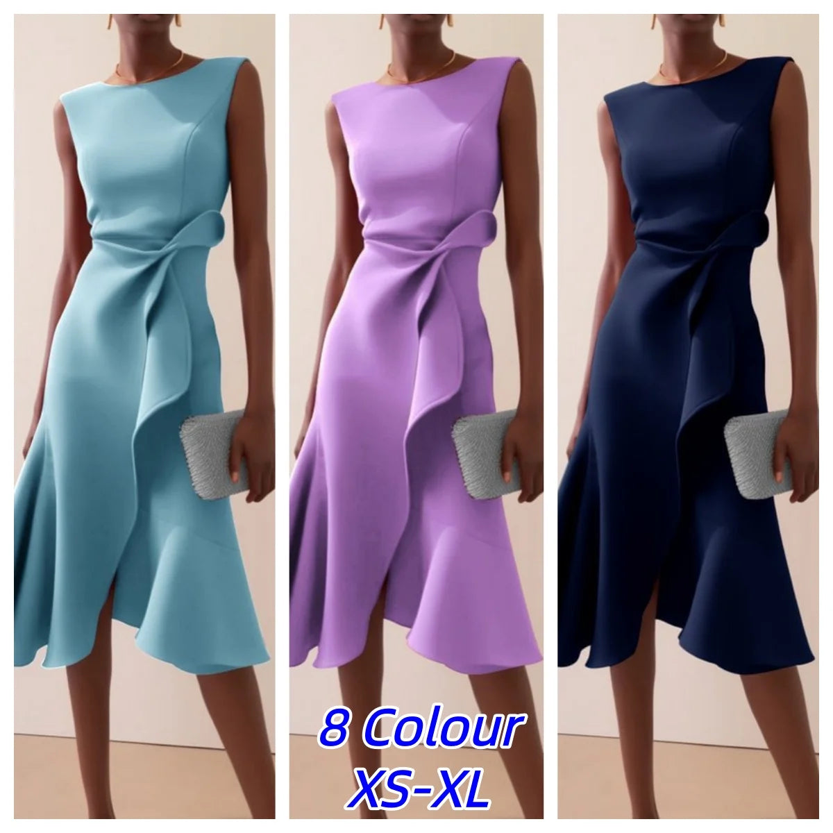 Sexy Women Elegant O Neck Solid Commute Knot Slim Ruffled Irregular Summer Sleeveless A-Line Hight Split Wedding Party Dresses
