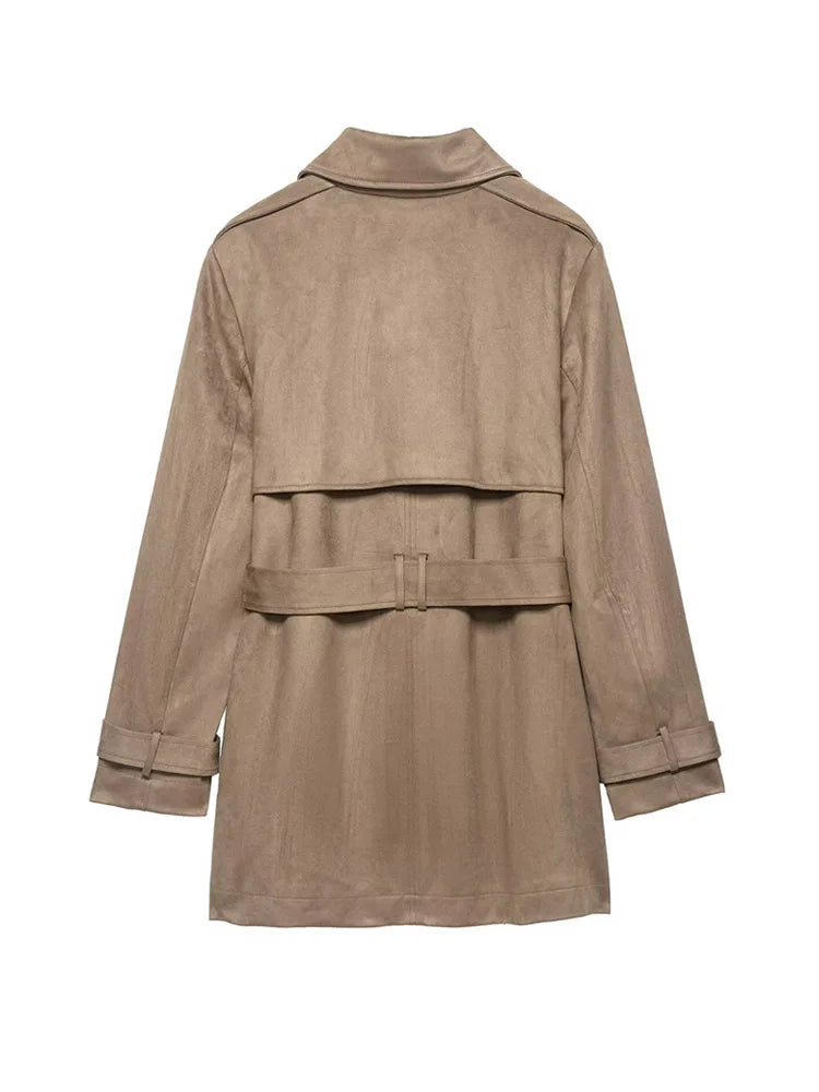 Women Fashion With Belt Faux Suede Trench Coat Long Sleeve Double-breasted Female Outerwear Chic Tops