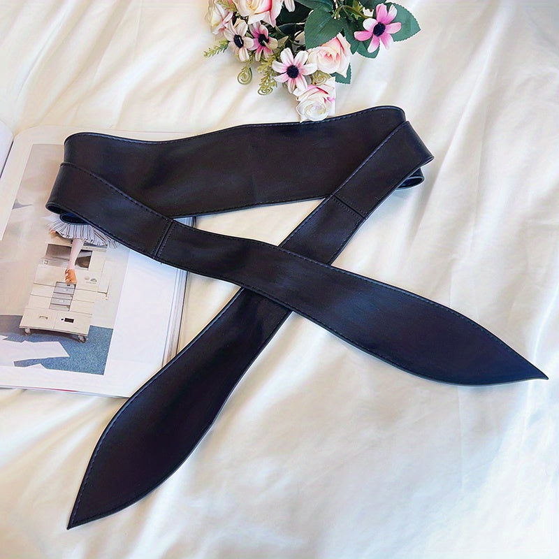 Black Bowknot Obi Belt  Lace Up Tied Knot Corset PU Wide Belts Cinch Waistband Elegant Dress Coat Girdle For Women