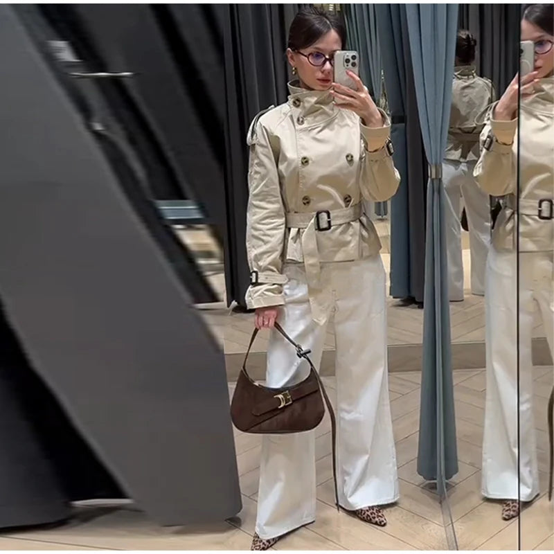 Fashion Women's Short Belt Jackets Long Sleeve Stand Collar Double Breasted Female Coat 2025 Autumn Lady Solid Outwear