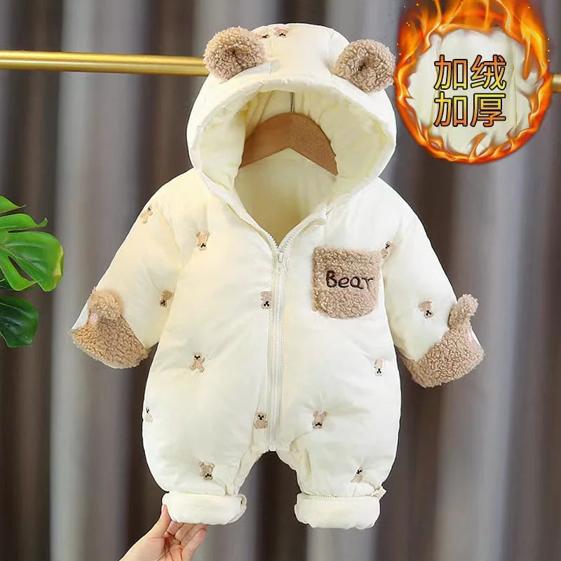New Winter Thick Keep Warm Boys Girls Rompers Lined With Velvet Cartoon Bear Pattern Hooded Bodysuits For 1-2 Years Old Kids