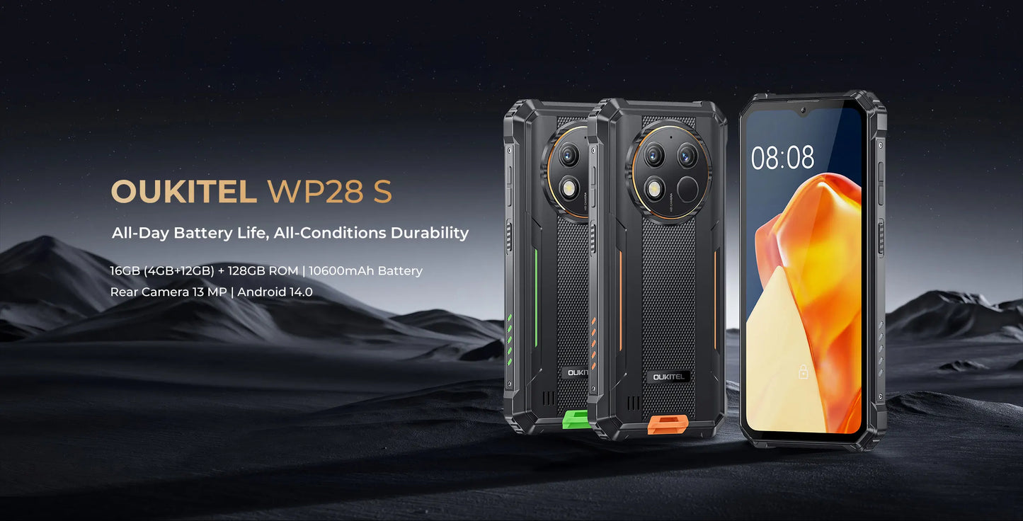 Oukitel WP28 S Rugged smartphone 6.52‘' HD 10600mAh 16GB (4+12)+128GB Android14 13MP Camera cellphone