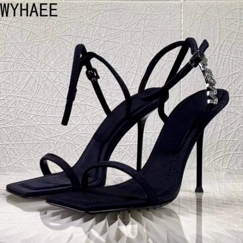 2022 New Square Toe Women Sandals Crystal Letters Decor Women Pumps Sexy High Heels Silk Wedding Dress Shoes Gladiator Sandal