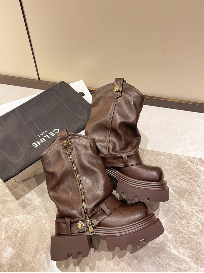 Designer Vintage Women Ankle Boots Fashion Slip On Knight Short Booties Ladies Casaul Platform Heels Botas Mujer