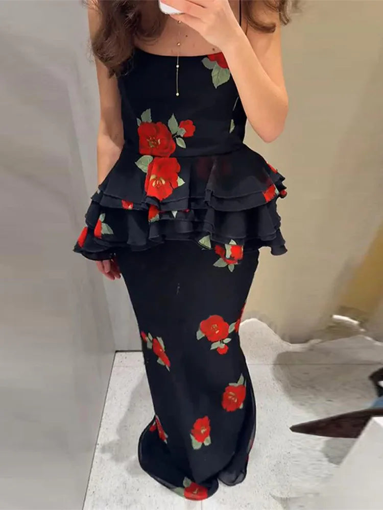 Summer 2-piece Suit Print Flower Mesh Slit Hip-covering Skirt Halter Top Suit Women's Fashion Causal Woman 2 Piece Set Outfit