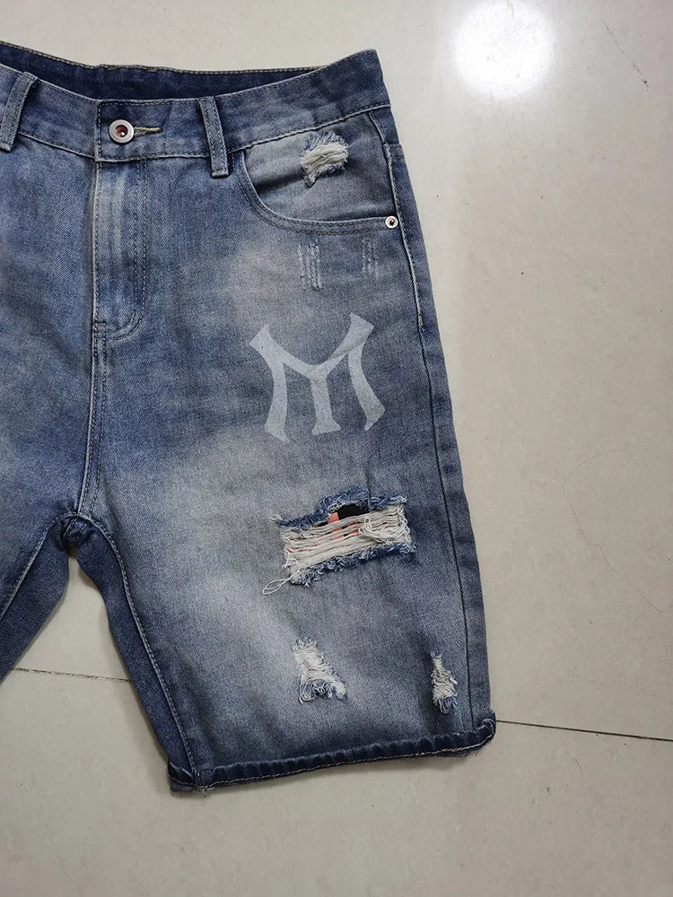 New Korean Style Clothes Luxury Washed Distressed Boyfriend Men's Casual Summer Denim Jeans Distressed Holes Prints Shorts Male