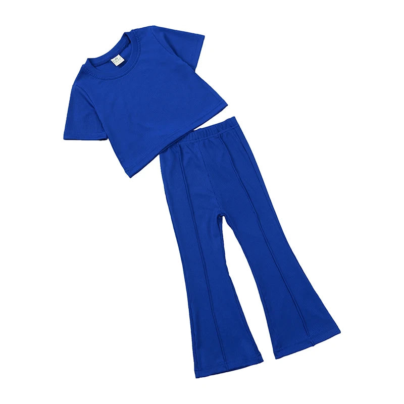 2025 Girls Summer Outfit Sets Toddler Crewneck Tshirt Shirt Top + Bell-Bottom Pants Sets Cute Children Flared Pants Baby Suit