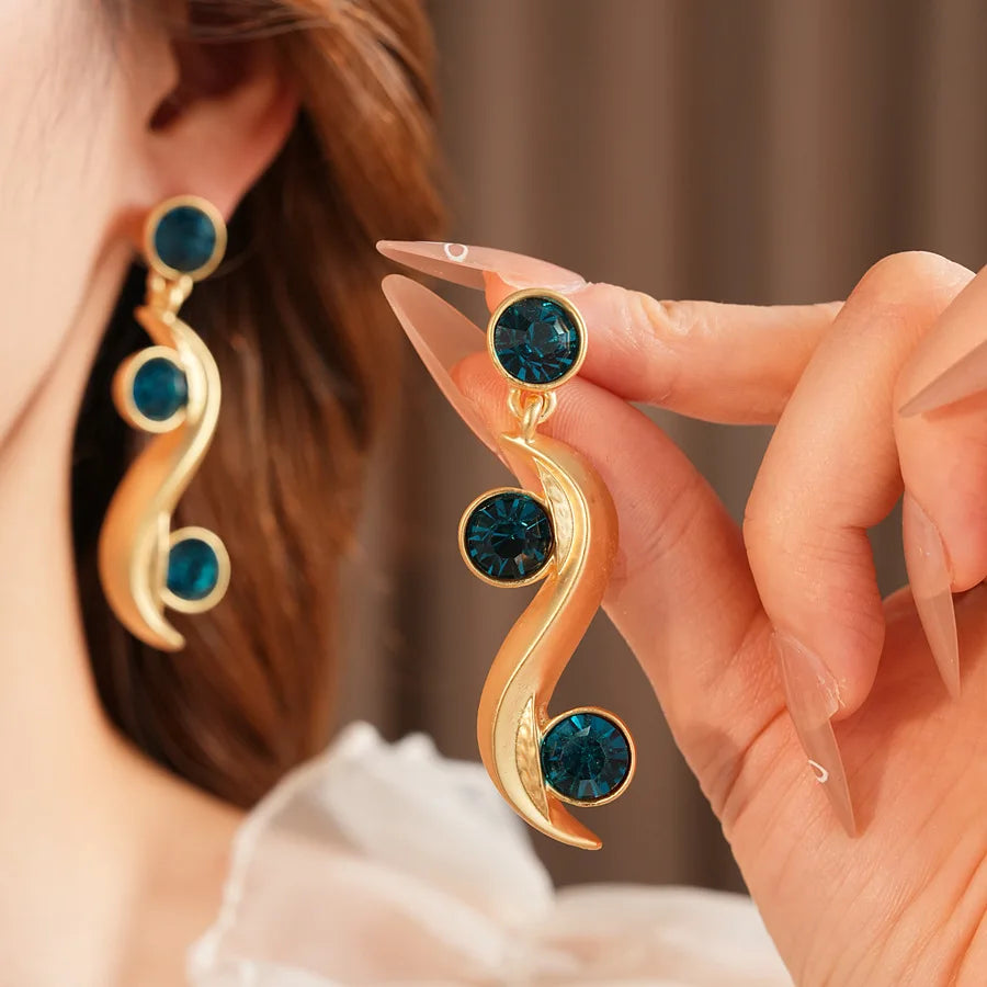 1/2 Pcs Unique Round Wave Long Earrings Blue Rhinestone Adjustable Chain Necklace Bohemian Women Fashion Jewelry Set Vacation N