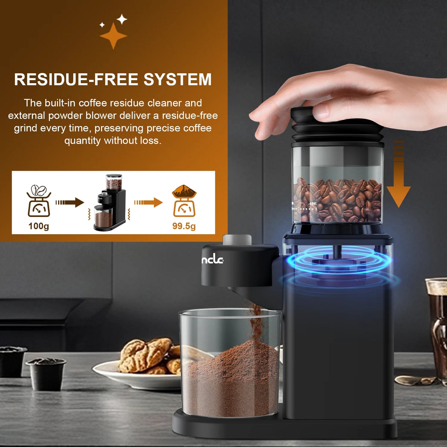 Coffee Grinder Automatic Electric Conical Grinder with Powder Blower 25 Precise Grindings for Espresso French Press 2-12 Cups