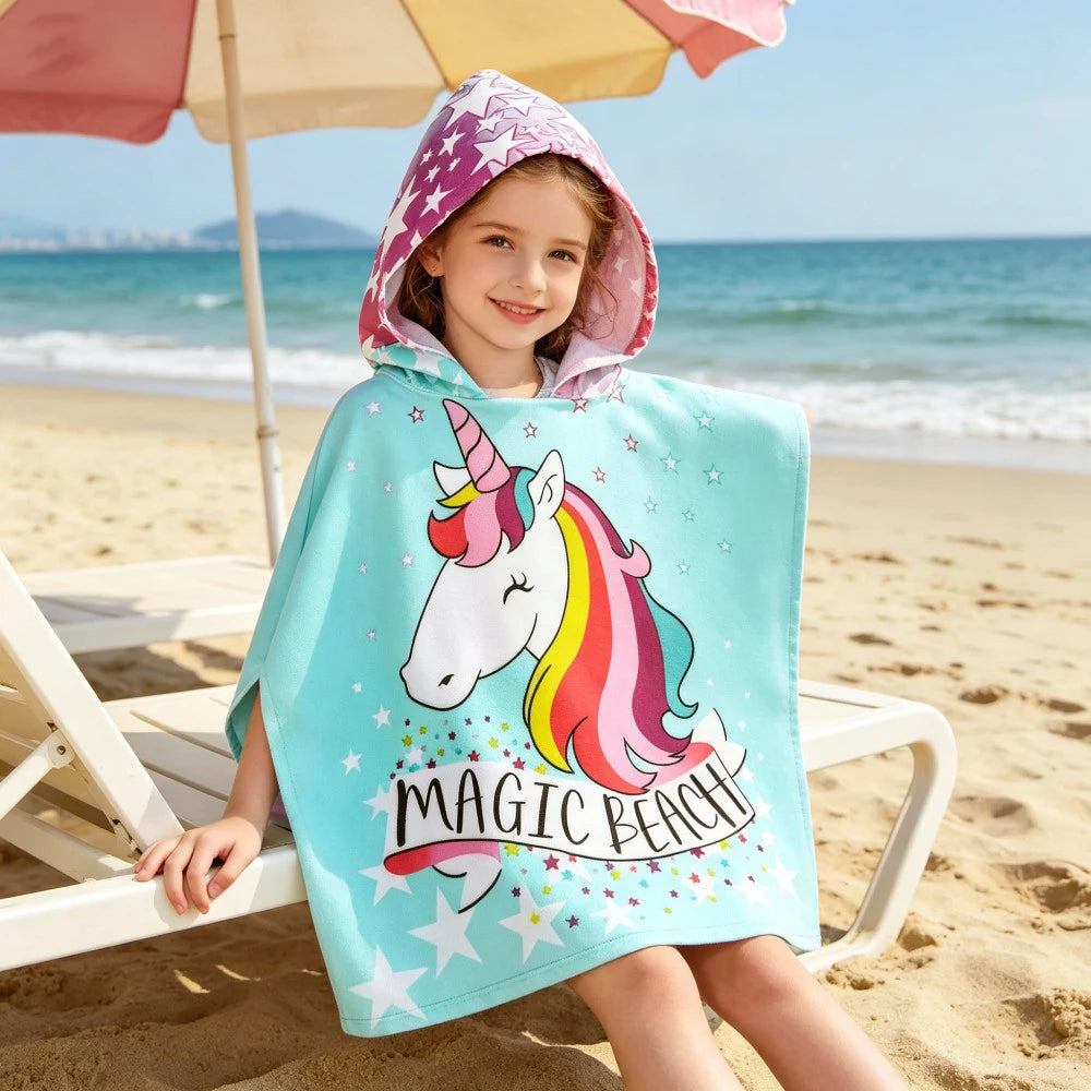 60-120cm Kids Hooded Bath Beach Poncho Towels Baby Quick Dry Bathrobe Child Cartoon Cloak Poncho Towels Microfiber Swim Cover-up