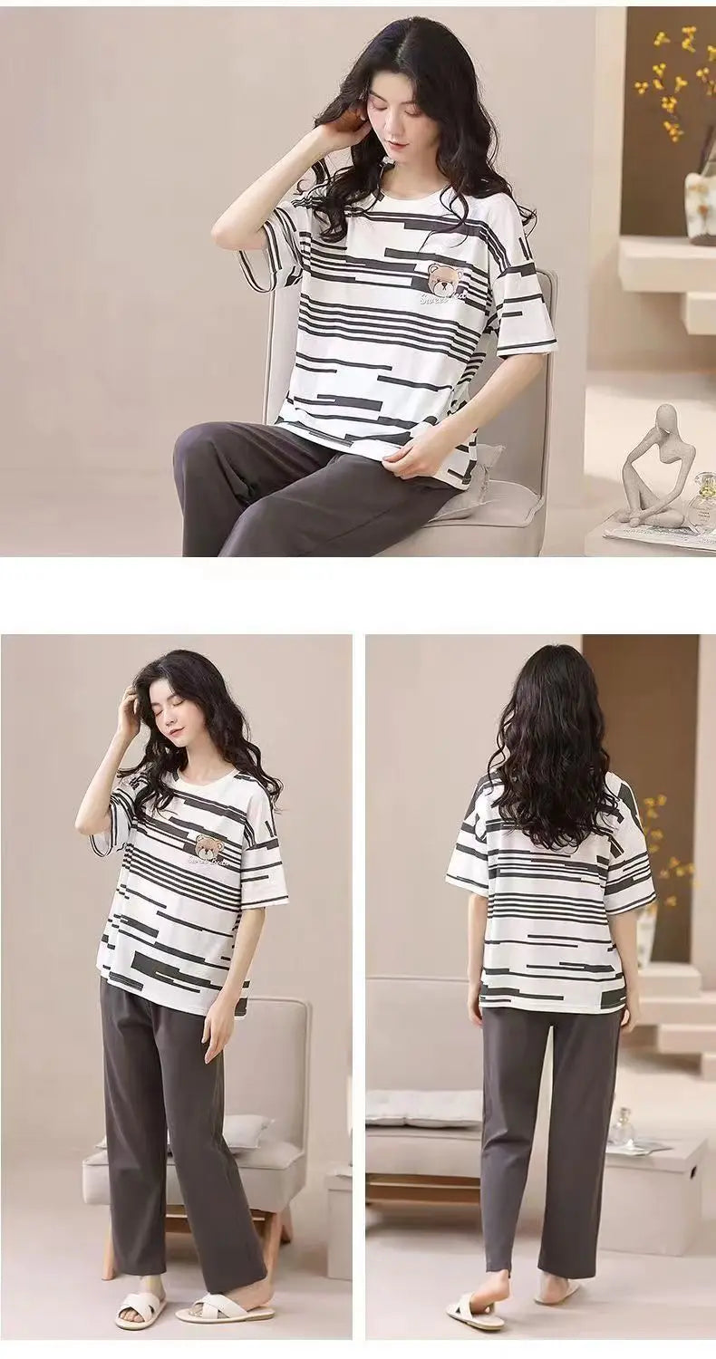 Pyjamas Set for Women‘s Short Sleeve Long Pants Student Casual Cartoon Bear Sweet Cuet Sleepwear Loungewear Romantic Nightwear