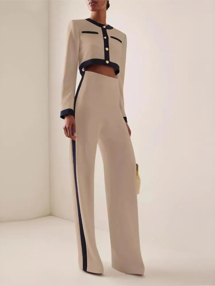 Elegant Women Slim Office Outfit Spring Autumn Fashion Contract Color Show Style Long Sleeve Button Tops & High Waist Pants Suit