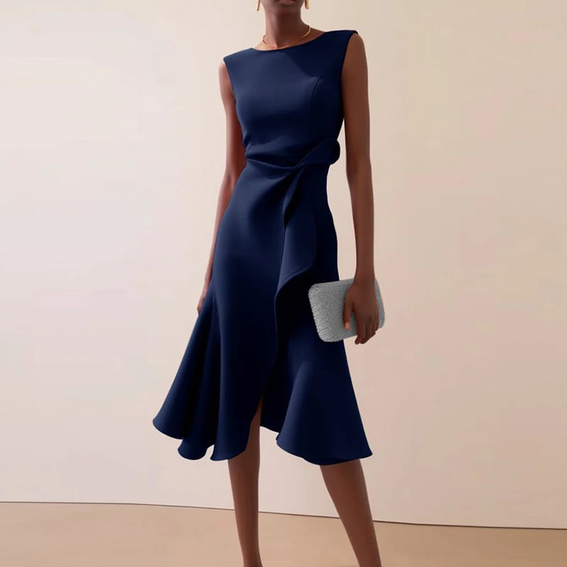 Sexy Women Elegant O Neck Solid Commute Knot Slim Ruffled Irregular Summer Sleeveless A-Line Hight Split Wedding Party Dresses