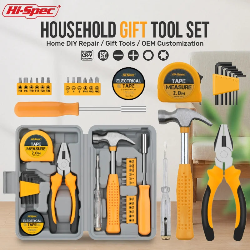 Hi-Spec 24-Piece Compact Home & Office Yellow DIY Hand Tool Kit Set for Household Improvement Repairs Wire Cutter