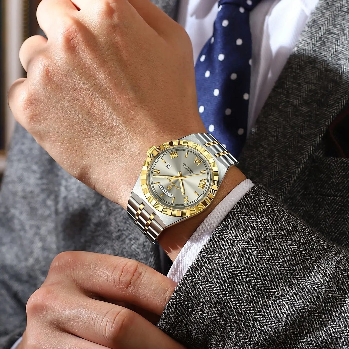 POEDAGAR Original Male Watch Luminous Waterproof Week Date Men Wristwatch Stainless Steel Business Quartz Men's Watches Gift+Box