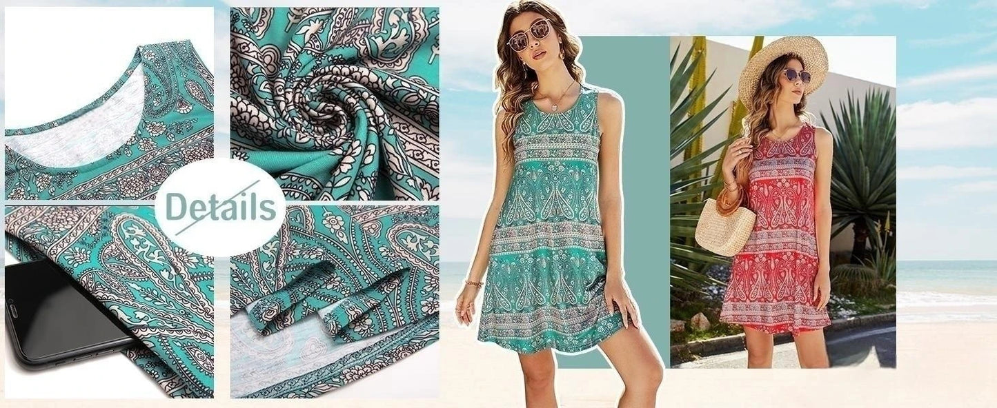 Summer New Women's Dresses Fashion Casual Sleeveless Dresses Floral Printed Round Neck Dresses Beach Vacation Women's Dresses