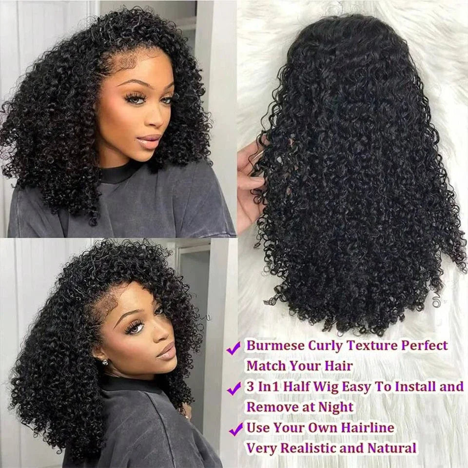 Half Wig Human Hair Jerry Curly Glueless Wigs Human Hair Curly Half Wig Drawstring Seamless Flip Over Half Wigs for Black Women